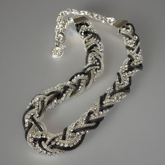 Dana Buchman Black Braided Rhinestone Necklace 14" Silver Tone Mesh 9 Strands - Picture 7 of 9